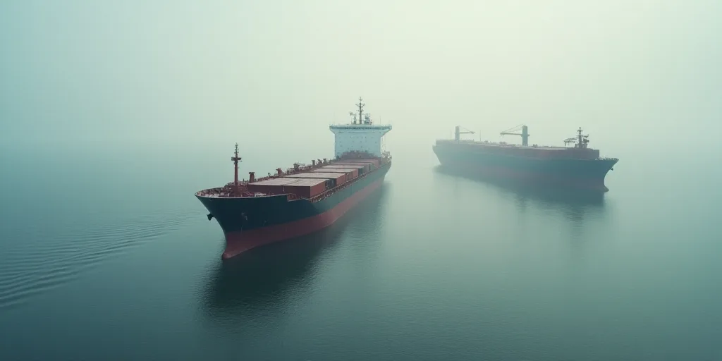 a large cargo ship in the middle of a body of water with a barge in the background and a barge in th