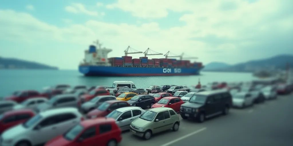 a large cargo ship in the ocean with a lot of cars parked in front of it and a large ship in the bac