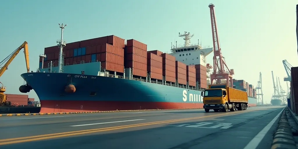 a large cargo ship loaded with containers at a port area with a crane in the background and a truck