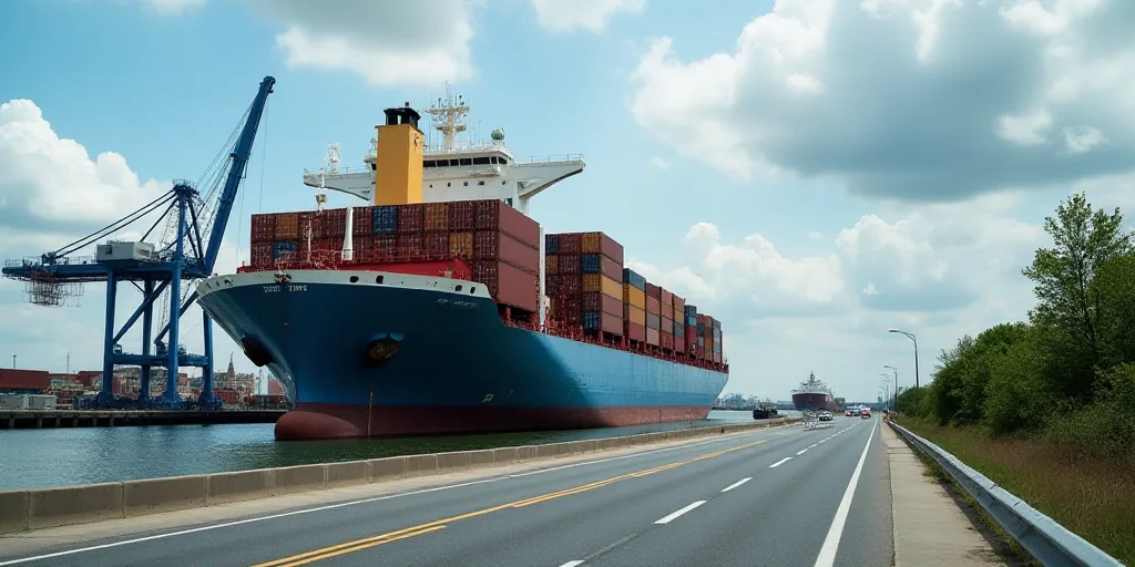 a large cargo ship loaded with containers on the side of the road in front of a crane and a bridge,