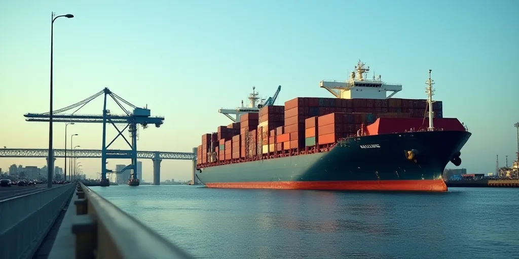 a large cargo ship loaded with containers on the side of the road in front of a crane and a bridge,