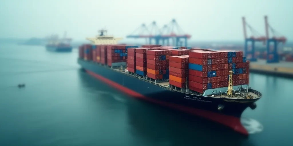 a large cargo ship with containers stacked on top of it's sides in the ocean near a dock, Andries St