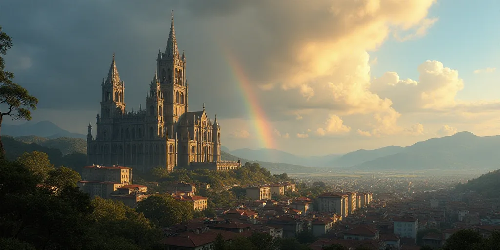a large cathedral with a rainbow in the background and a city below it with a rainbow in the sky, Ca