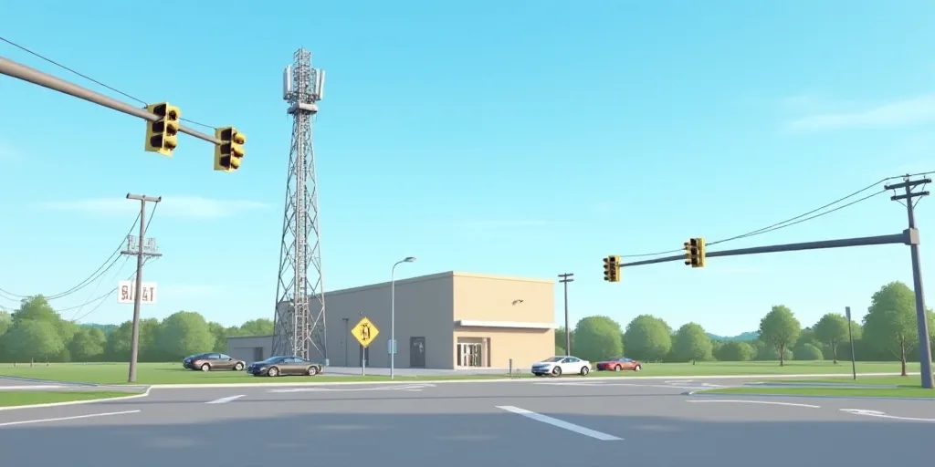 a large cell phone tower next to a building and a street with traffic lights on it and a blue sky, A