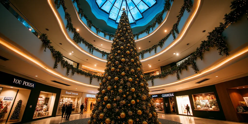 a large christmas tree in a shopping mall with lights on it's ceiling and decorations hanging from t