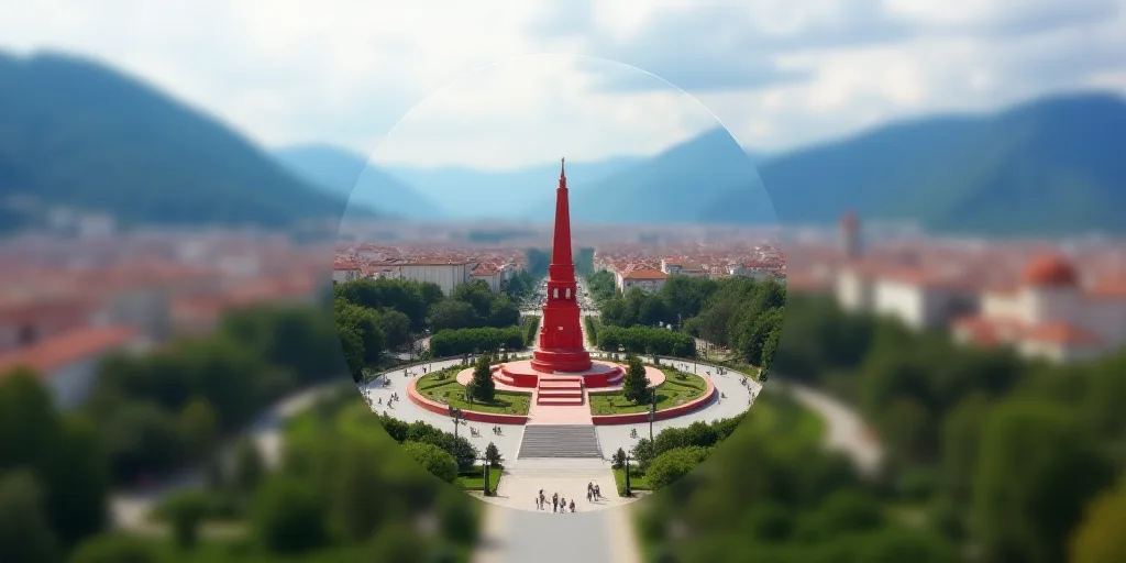 a large city with a red statue in the middle of it's middle - town area, with mountains in the backg