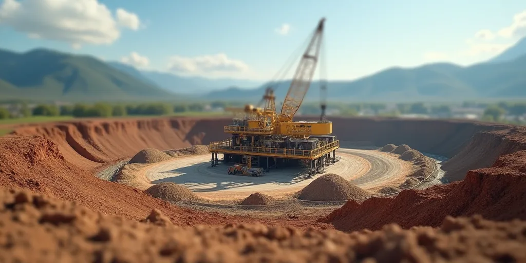 a large construction site with a crane and a lot of dirt and dirt around it and a mountain in the ba