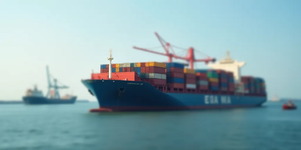 a large container ship loaded with colorful containers in the ocean with a crane in the background a