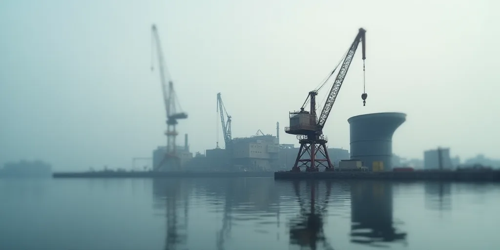 a large crane is in the middle of the water near a large structure that is connected to a crane, Aqu