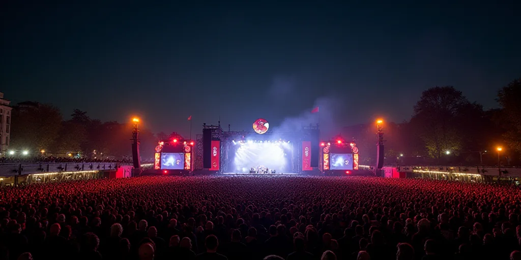 a large crowd of people at a concert in a city at night time with lights on and a flag flying in the
