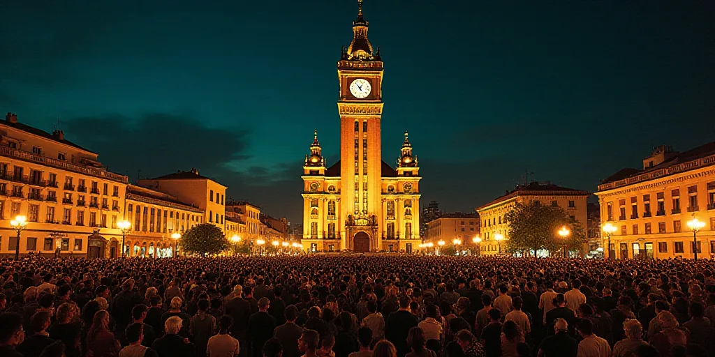 a large crowd of people gathered in front of a building at night time with a clock tower in the back