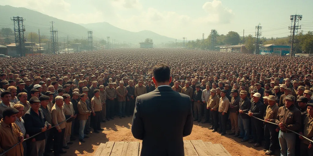 a large crowd of people standing in front of a fenced in area with a man standing on a stage, Federi