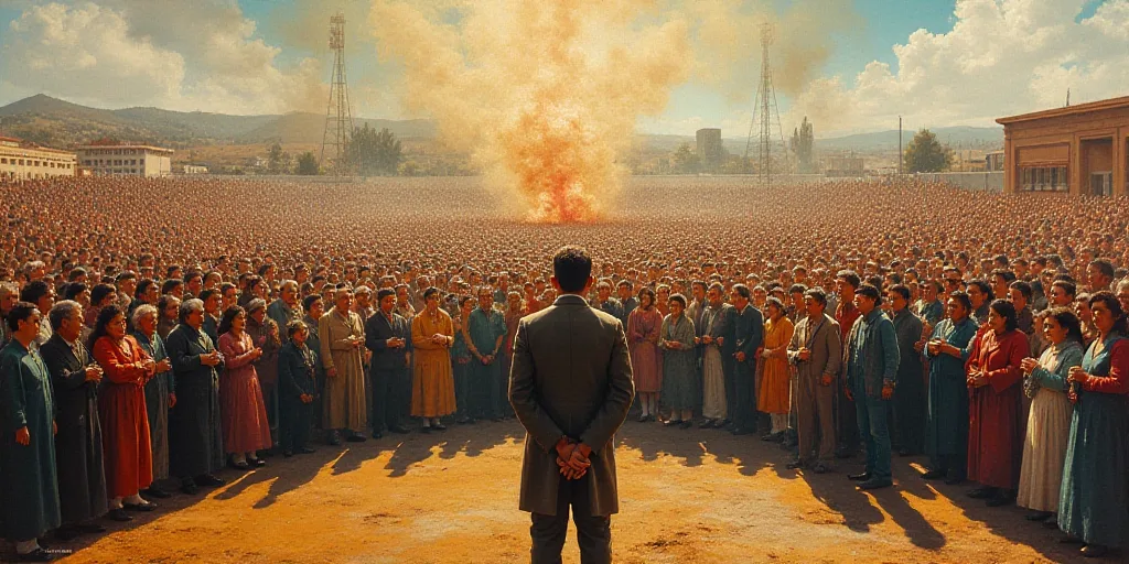 a large crowd of people standing in front of a fenced area with a man standing in front of a crowd,