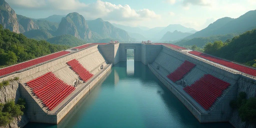 a large dam with a bunch of red chairs on it's sides and a body of water in the background, Cui Bai,
