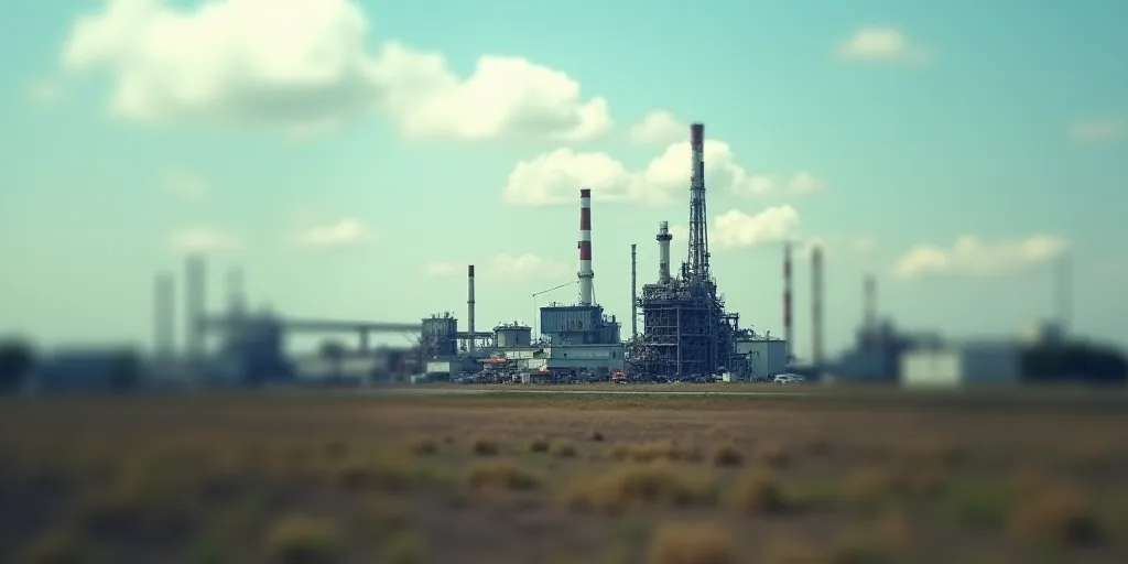 a large factory with a lot of machinery and buildings in the background and a sky background with a