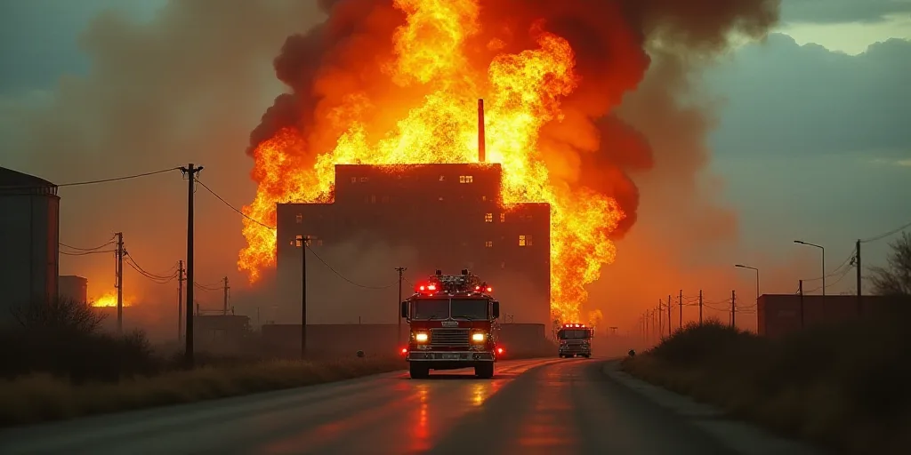 a large fire is burning in a factory building with a lot of smoke coming out of it and a fire truck