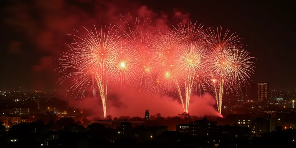 a large fireworks display in the sky over a city at night time with a lot of lights on it, David Alf