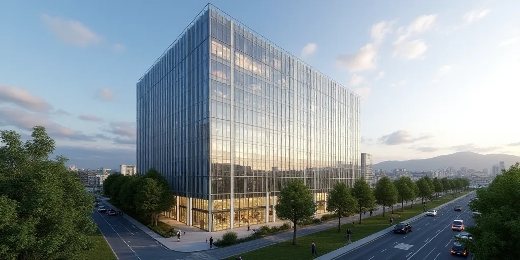 a large glass building with a sky background and trees in the foreground and a city in the backgroun