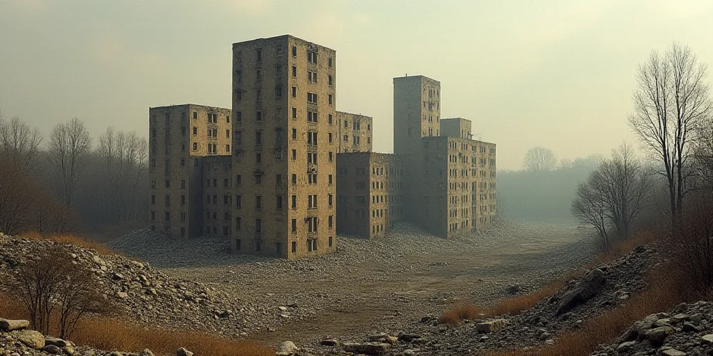 a large group of buildings that are in the middle of a field of rubble and trees in the background,