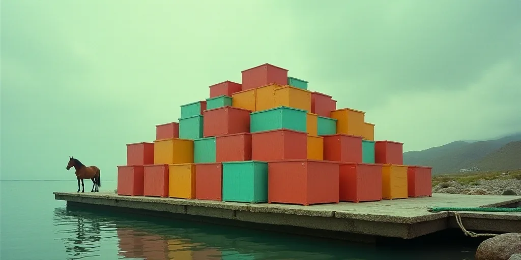 a large group of colorful boxes sitting on top of a dock next to a body of water with a horse, Aquir