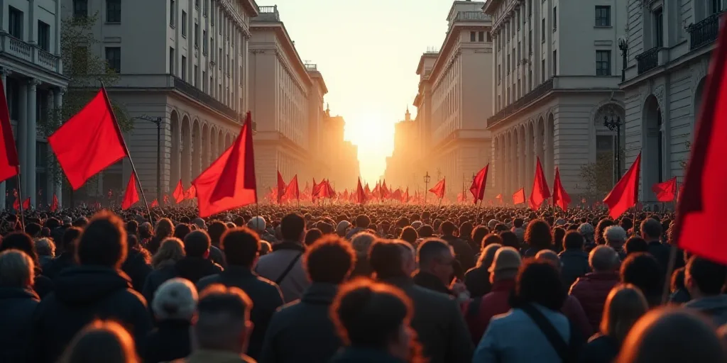 a large group of people are marching down the street in a protest rally in a city with tall building