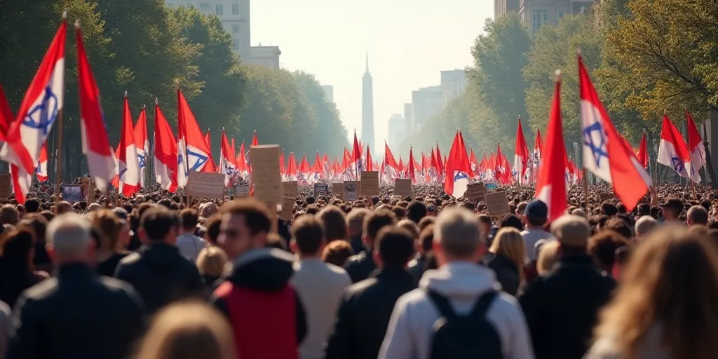a large group of people holding flags and signs in a street with buildings in the background and a l