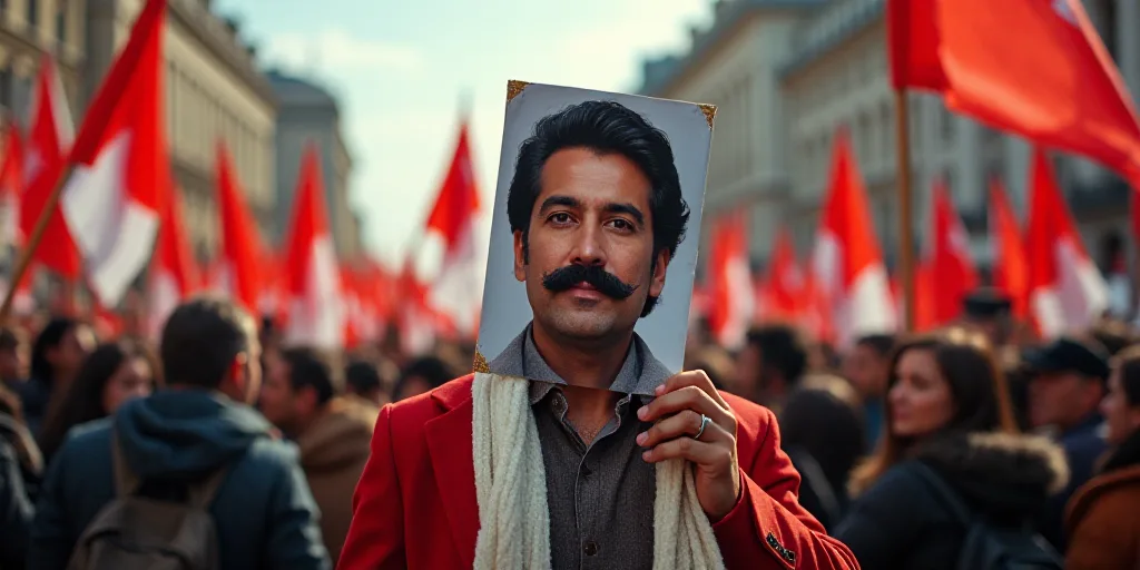 a large group of people holding flags and a poster of a man with a mustache and a mustache on his mo