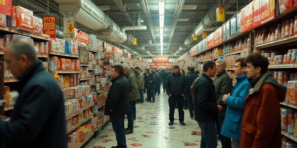 a large group of people in a store with lots of items on display and a number of signs on the floor,
