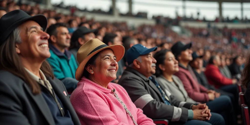 a large group of people sitting in a stadium together, some of them are wearing hats and one is wear