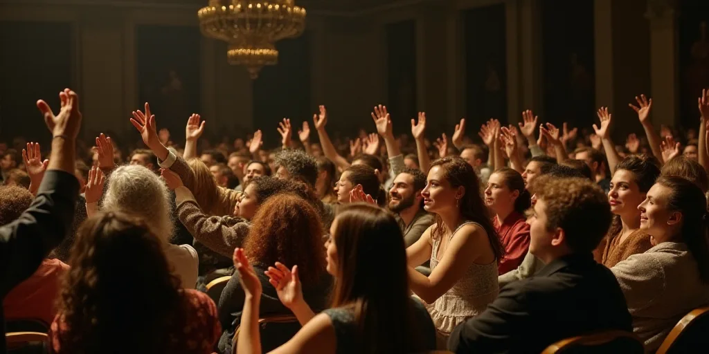 a large group of people sitting in a room with their hands up in the air and clapping to someone, Ad