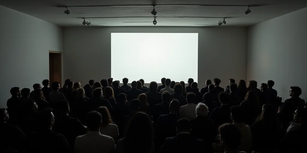 a large group of people sitting in front of a screen in a room with a projector screen on the wall,
