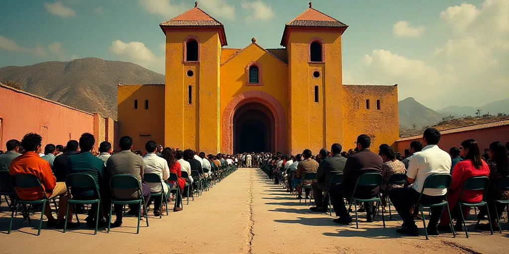 a large group of people sitting in chairs in front of a building with cameras on the side of the str