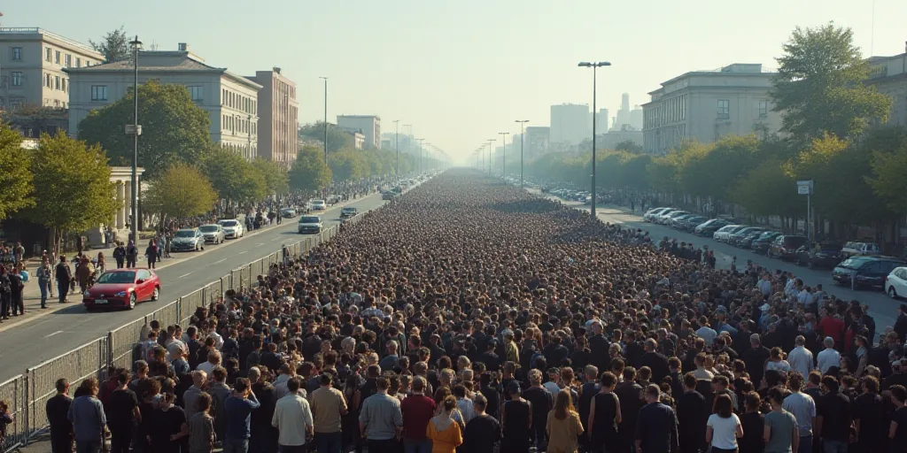 a large group of people standing on a street next to a fence and cars and buildings in the backgroun