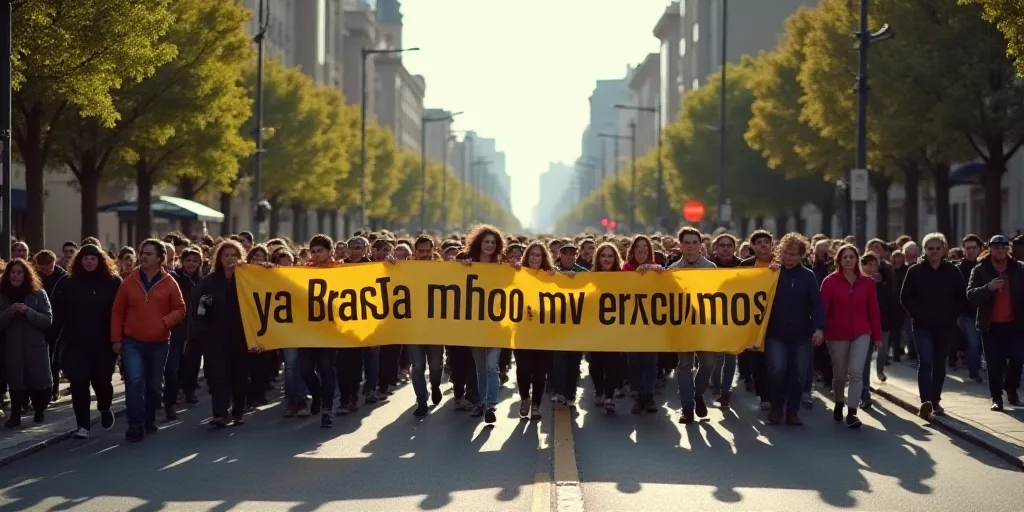 a large group of people walking down a street holding a banner that says ya basta mas my escumos, Aq