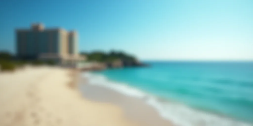 a large hotel on the beach with a blue sky and ocean in the background and a sandy beach with a blue
