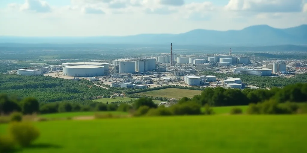 a large industrial area with a lot of tanks and trees in the background and a green field in the for