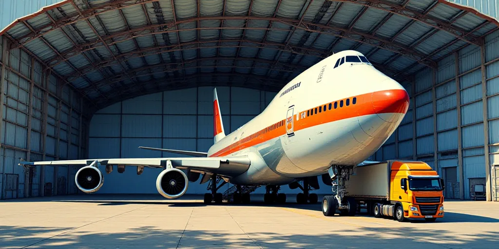 a large jetliner sitting inside of a hangar under a metal roof with a truck underneath it and a truc