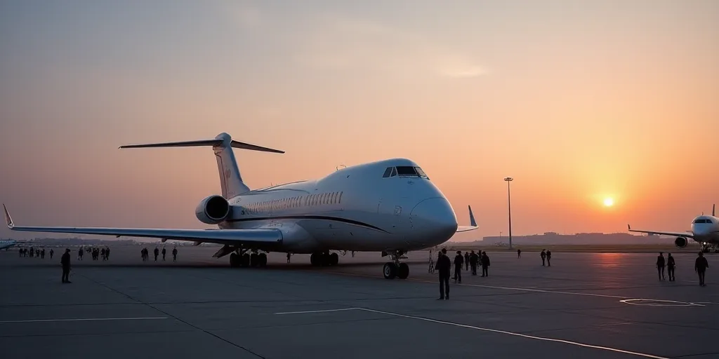 a large jetliner sitting on top of an airport tarmac at dusk with people standing around it and a pl