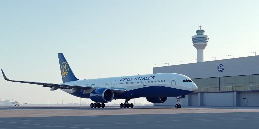 a large jetliner sitting on top of an airport tarmac next to a building with a boeing logo, Ei-Q, tu
