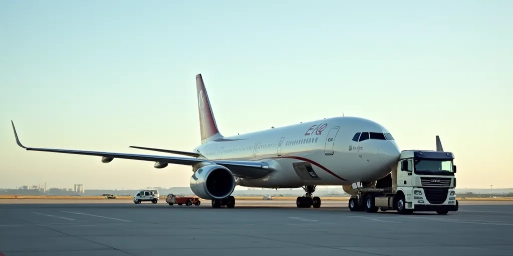 a large jetliner sitting on top of an airport tarmac next to a truck and a van parked next to it, Ei