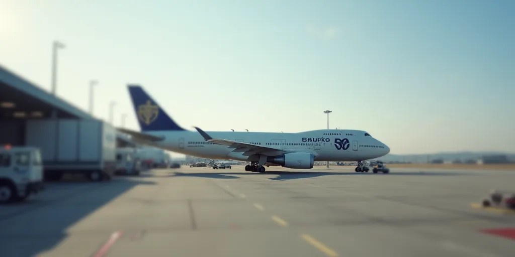 a large jetliner sitting on top of an airport tarmac next to a loading dock and a loading area, Aní