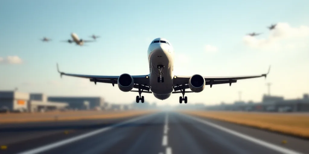 a large jetliner taking off from an airport runway with a sky background and a few planes in the air