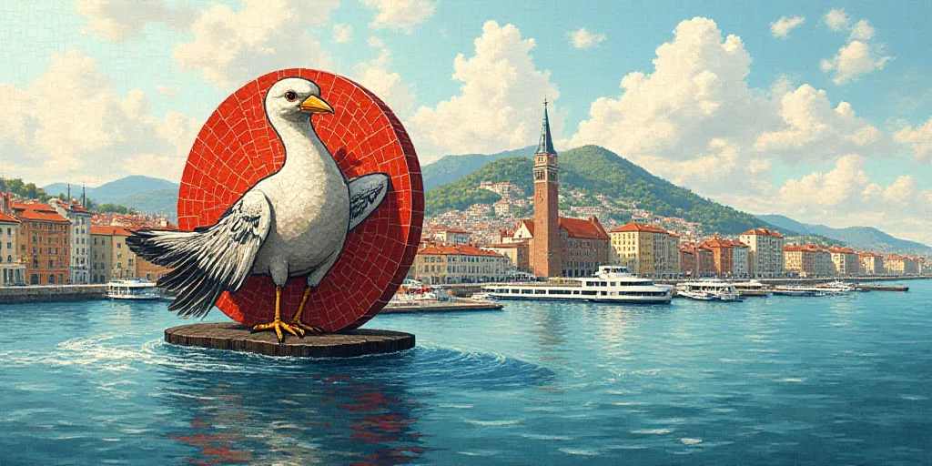 a large logo with a bird on it's side in the middle of a city with a harbor, Constance Copeman, logo