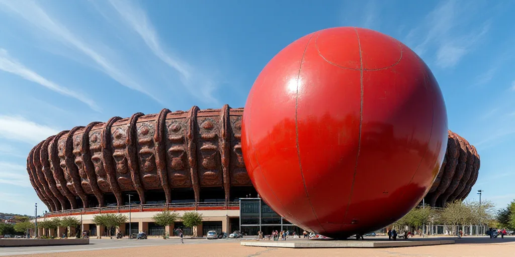 a large metal sculpture of a giant red ball in front of a stadium with a sky background and a blue s