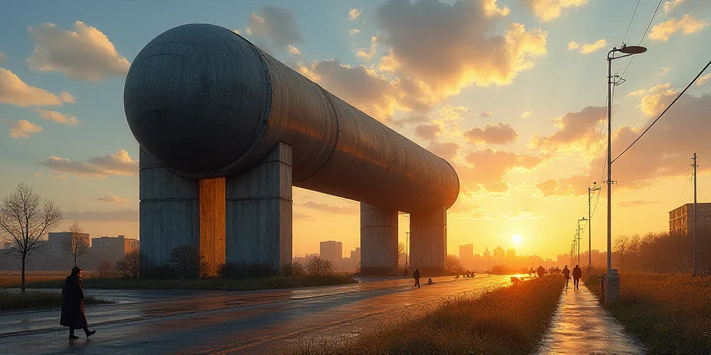 a large metal structure with a sun setting behind it and a sky background with buildings in the back