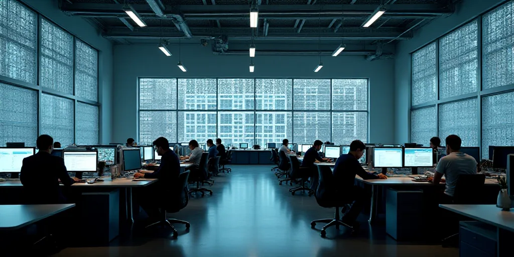 a large office with a lot of desks and monitors on the wall and people working on computers in the m