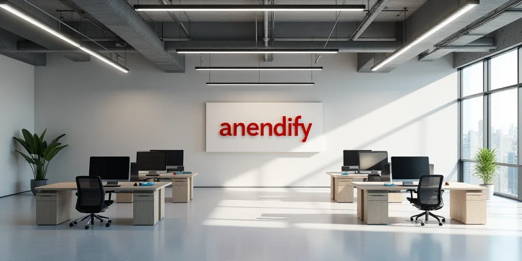 a large office with a sign that says arendify on the wall and two desks with computers on them, Andr