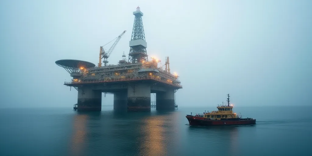 a large oil rig in the middle of the ocean with a boat nearby on the water and a barge in the middle