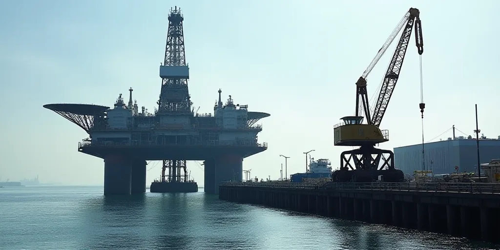 a large oil rig sitting on top of a body of water next to a dock with a crane on top of it, Bascove,