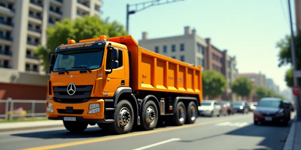 a large orange machine is on the street near a construction site and cars are parked on the street b